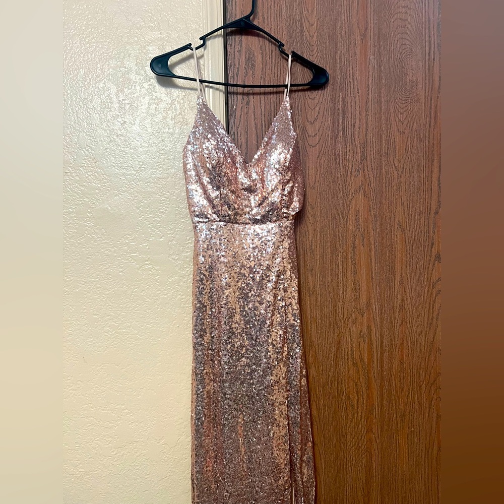 Gold long dress.